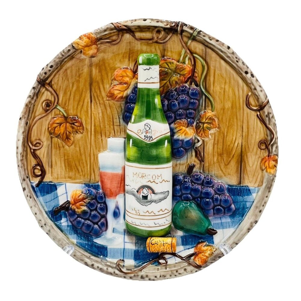 Vintage Ceramic 3D Wine Bottle Wall Plate Grape Morcom 1995 Vineyard Decor